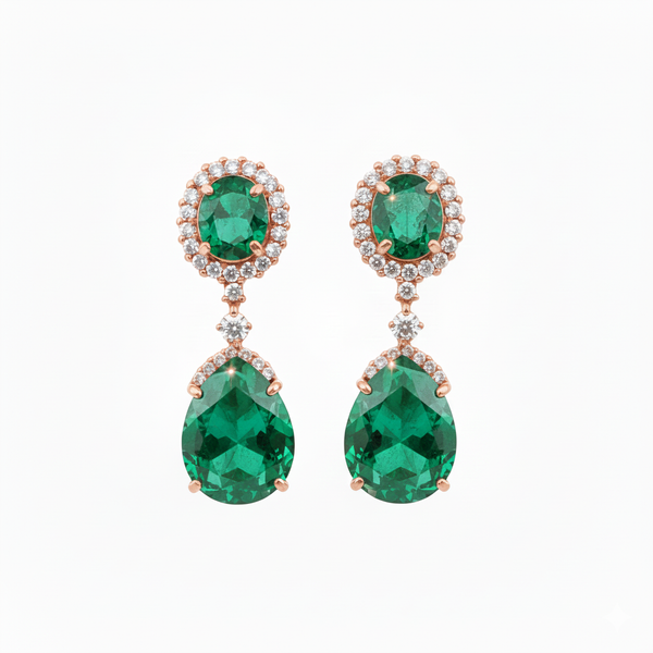 Natural Emerald Diamond Dangle Earrings: 18K Gold Pear Oval Green Gemstone Jewelry