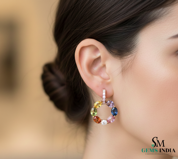 Rainbow Gemstone Hoop Earrings in Gold – Multicolor Oval Stone Drops