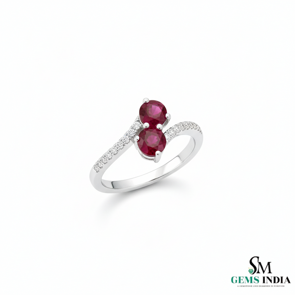 Double Round Ruby Diamond Bypass Ring in 14K Gold -Elegant Gemstone Jewelry
