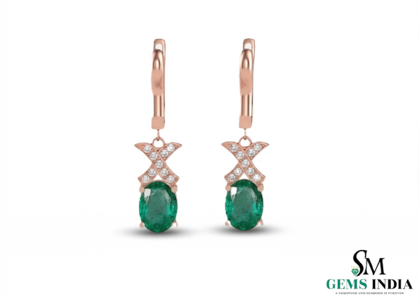 Luxury 3.90 carat Natural Emerald Oval Earrings with Sparkling Diamond X Motif