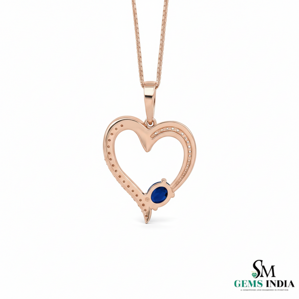 Oval shape Blue Sapphire & Diamond Heart Pendant - Fine Gold Jewelry