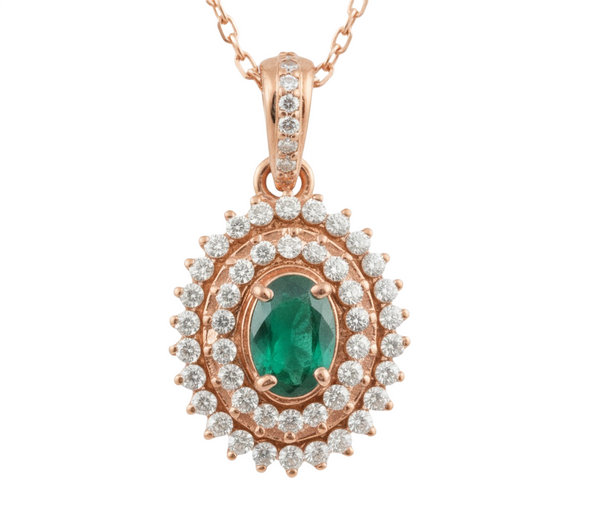 1 carat Vintage Style Oval Emerald Pendant with Diamond Halo in 14K Gold