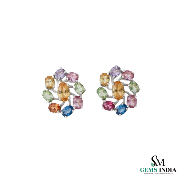 2.80 Carat Oval Rainbow Multi Gemstone Cluster Studs Fine Jewelry