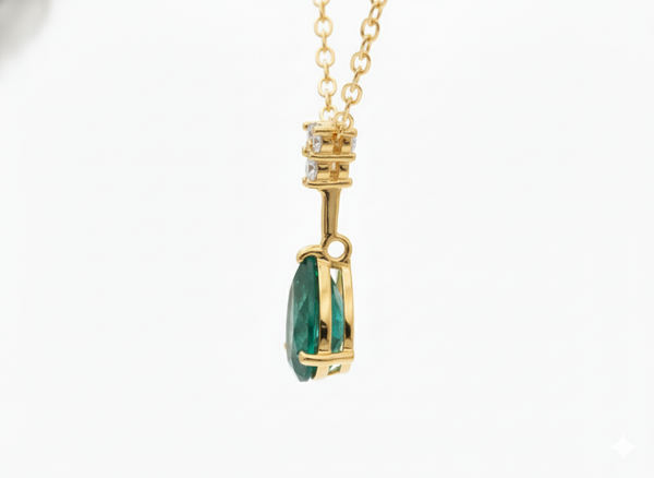 3.40 carat Luxury Pear Natural Emerald Pendant Necklace with Diamond Trio Accent