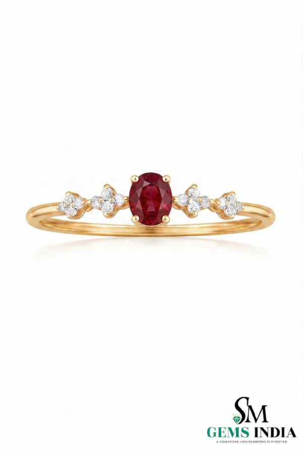 Oval Ruby Ring with Diamond Flower Accents Delicate July Birthstone Ring