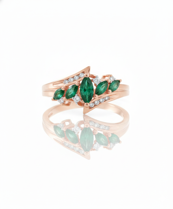 Marquise cut 1.40 carat Natural Emerald and Diamond Leaf Ring in 14k Gold