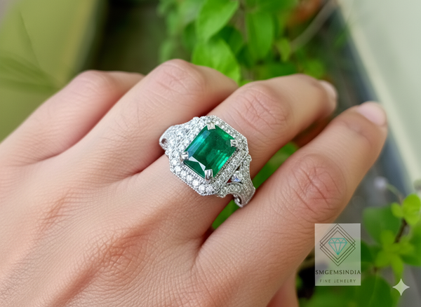 4.10 carat Emerald Cut Natural Emerald And Diamonds Vintage Split Band Ring in 14K Gold