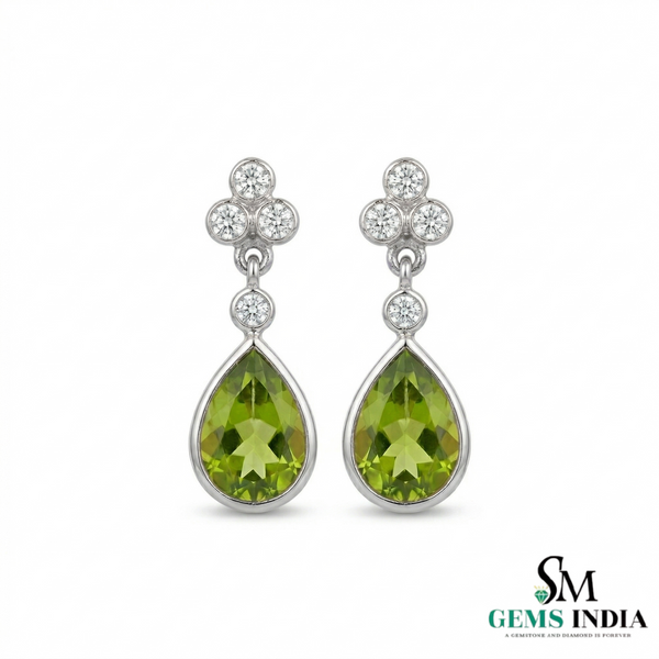 Green Peridot Teardrop Dangle Earrings with Diamond Accents - Fine Jewelry Gift for Her