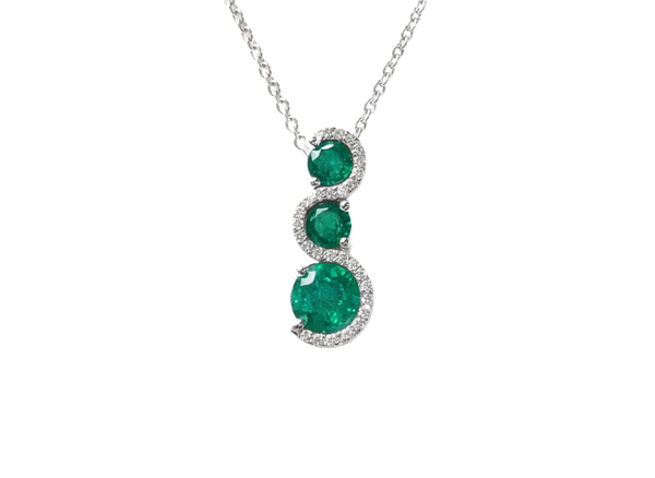 Round shaped Three Stone “S-Curve Natural Emerald and Diamond Halo Pendant Necklace in 14K gold