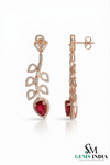 Pear Cut Ruby & Diamond Leaf Drop Earrings - Elegant Ruby Dangle Statement Earrings for Women