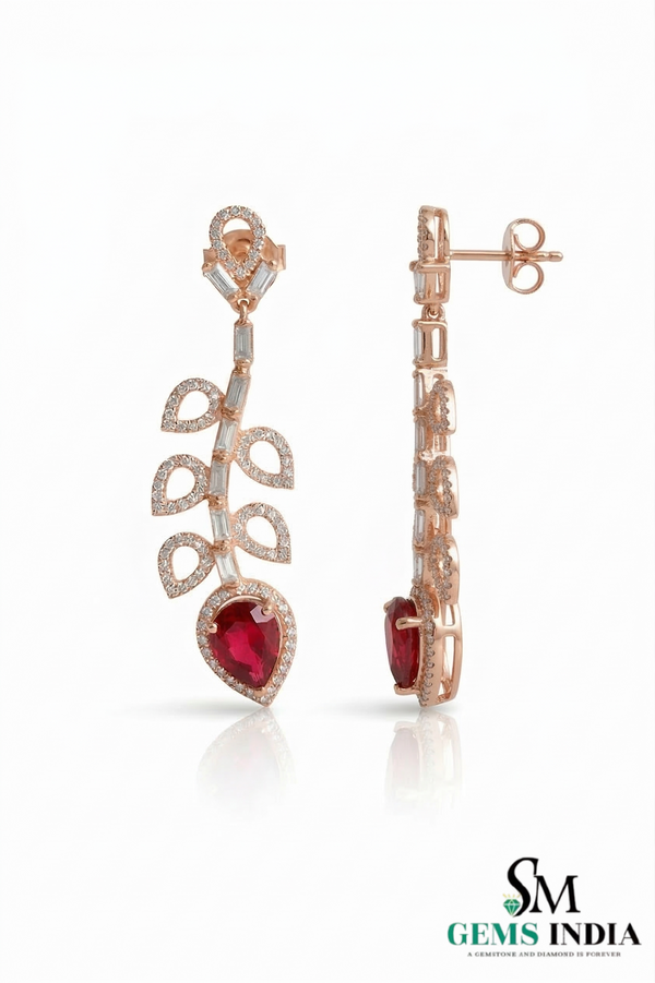 Pear Cut Ruby & Diamond Leaf Drop Earrings - Elegant Ruby Dangle Statement Earrings for Women