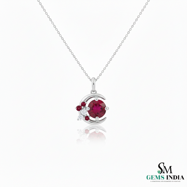 Round Cut Natural Ruby & Diamond Crescent Moon Pendant