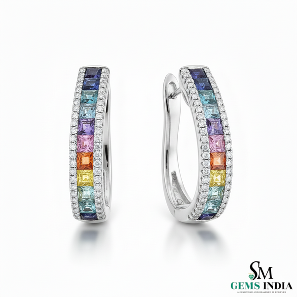 Princess cut Rainbow Sapphire Hoop Earrings in 18K Gold Channel-Set Hoop Earrings