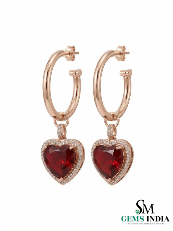 Heart Shaped Ruby Dangle Hoop Earrings with Diamond Halo - Romantic Jewelry For Her