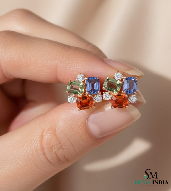 Multicolor Emerald Cut Gemstone Cluster Stud Earrings - Diamond Accent Geometric Stud Earrings for Women