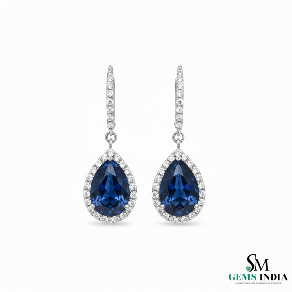 Pear Shaped Blue Sapphire and Diamond Halo Dangle Earrings - Sapphire Diamond Earrings