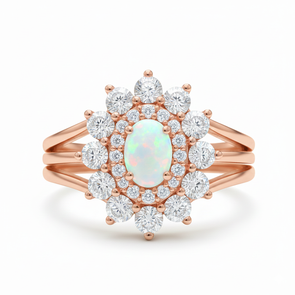 Oval Opal Diamond Cluster Ring in 14K and 18k Gold Luxury Halo Ring
