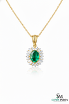 Oval Emerald & Diamond Halo Pendant - Vintage Sunburst Emerald Pendant
