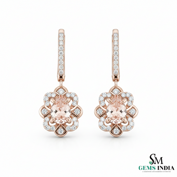 Floral Morganite Diamond Drop Earrings - Luxury Gemstone Earrings