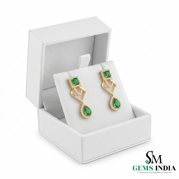 14K Gold Square Cut & Pear Emerald Diamond Dangle Earrings