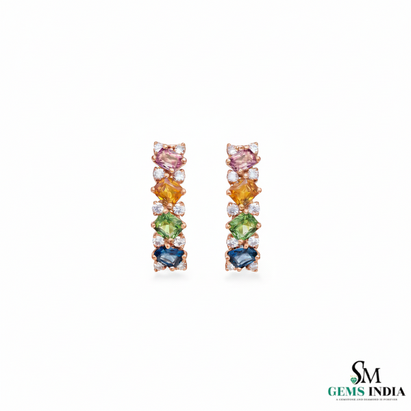 Emerald cut Rainbow Sapphire & Diamond Vertical Drop Stud Earrings