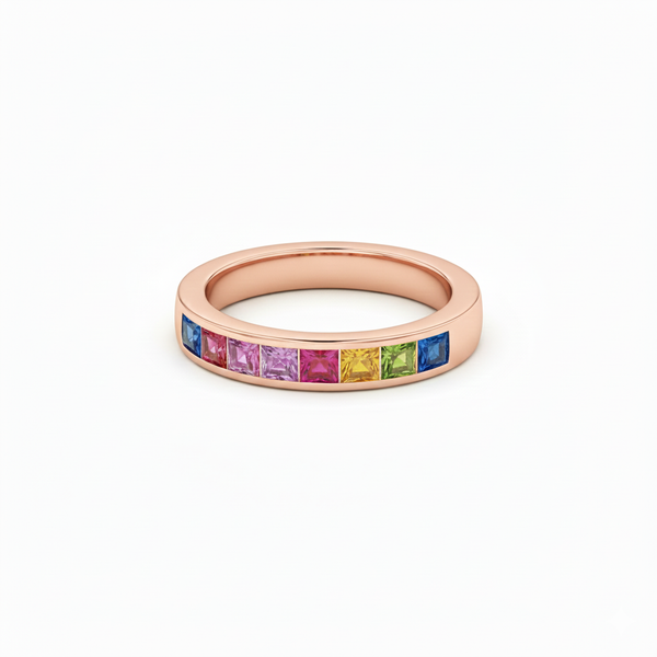 Doppelter Smaragd-Ring in offenem Design aus 14 Karat Gold – Band mit quadratisch und rund geschliffenen grünen Edelsteinen