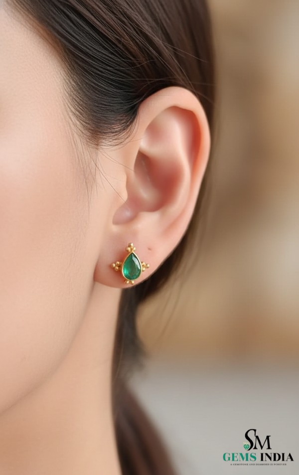 Pear Cut Emerald Stud Earrings – Teardrop Green Gemstone Minimalist Fine Jewelry for Women