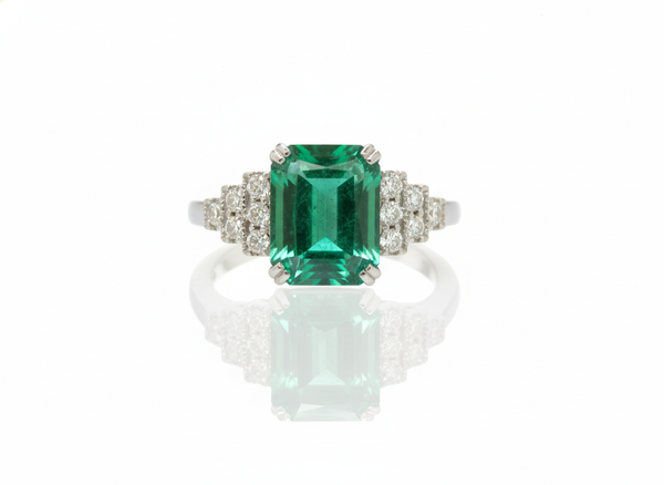 Emerald Cut Natural Emerald & Diamond Statement Ring in 14K Gold Minimalist Fine Jewelry