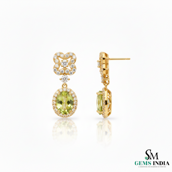 Green Oval Peridot & Diamond Luxury Drop Earrings