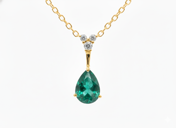 3.40 carat Luxury Pear Natural Emerald Pendant Necklace with Diamond Trio Accent