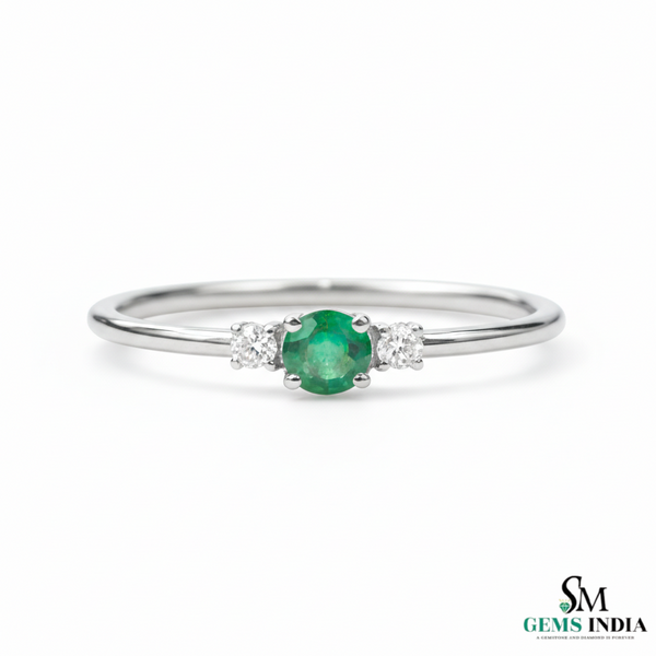 Round Emerald and Diamond Accent Ring in Solid Gold – Dainty Promise Ring