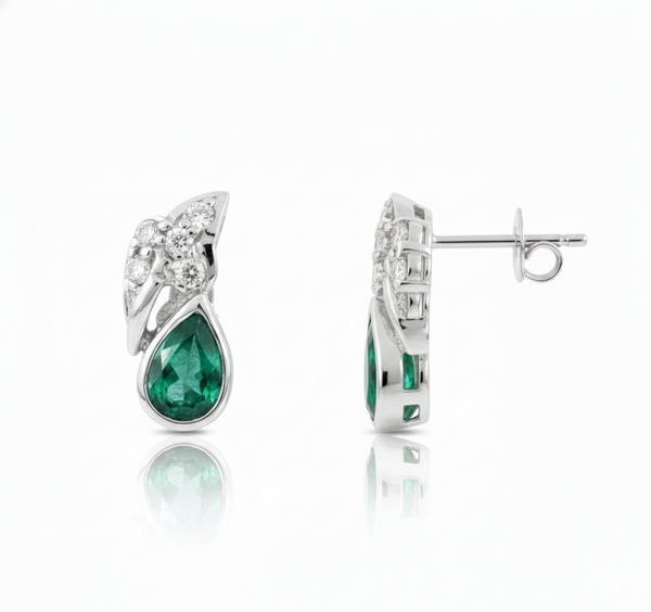 1.80 carat Pear-Shaped Emerald Diamond Cluster Earrings in 14k Gold