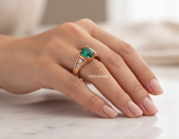3.20 carat Oval cut Natural Emerald & Diamond Accent Ring with Split Shank Band
