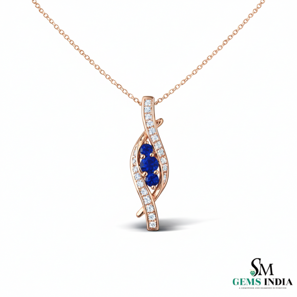 Round Three-Stone Blue Sapphire Diamond Pendant – Elegant Twist Design