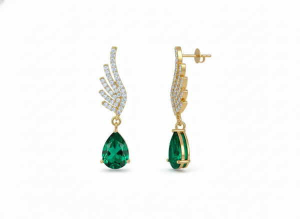 Pear shape Natural Emerald Wing Drop Earrings with Diamond Accents in 14k Gold