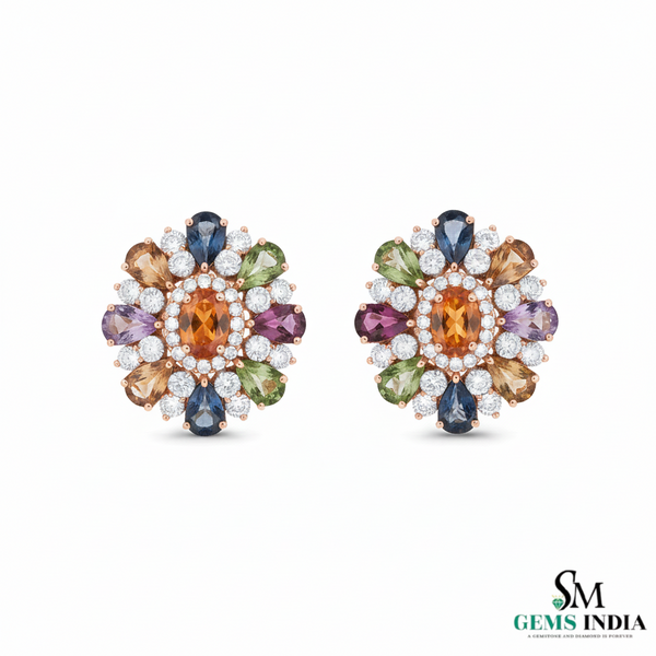 Pear shaped Multicolor Gemstone Floral Stud Earrings Diamond Accent Cluster Studs