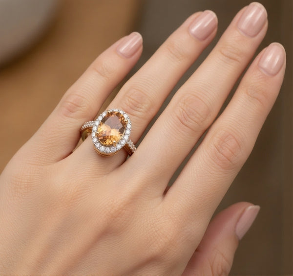 Oval Cut Citrine Ring with Diamond Halo - Citrine promise ring