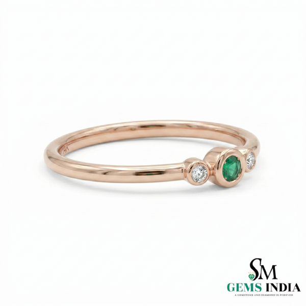 Minimalist Emerald & Diamond Trio Ring in 14K Gold - Gift For Her
