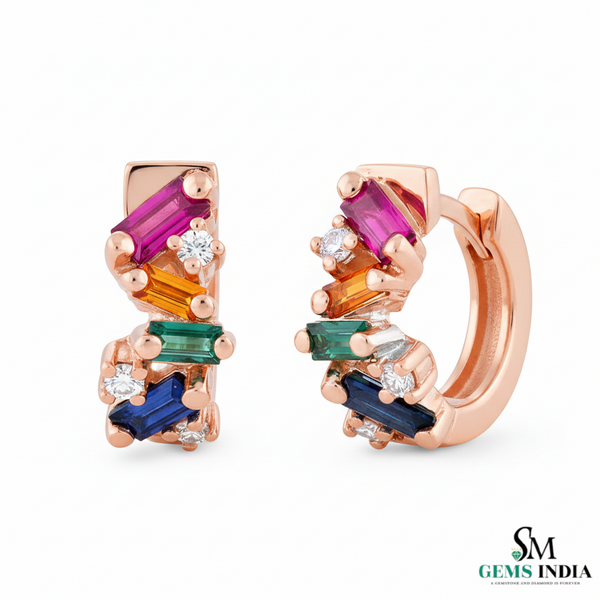 Rainbow Baguette Multi Gemstone & Diamond Huggie Hoop Earrings