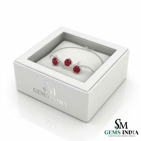 Round Three Stone Ruby Bracelet in Gold - Minimalist July Birthstone Bracelet