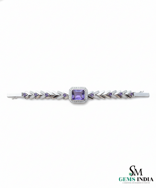 Emerald-Cut and Round Amethyst Diamond Halo Bracelet for Women