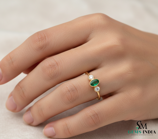 Fine 14K Gold Oval Emerald Ring with Two Round Diamonds