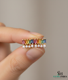 Multi Color Sapphire Baguette Stud Earrings with Diamond Accent