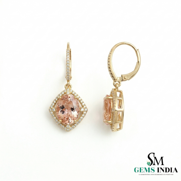 Oval Cut Morganite Halo Earrings with Diamond Accents – Elegant Bridal Dangle Jewelry