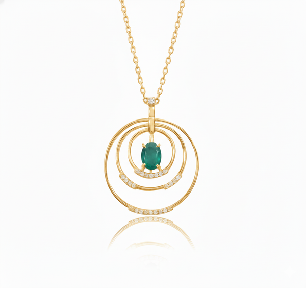1.10 carat Oval shape Natural Emerald and Diamond Circle Pendant Necklace in 14K Gold