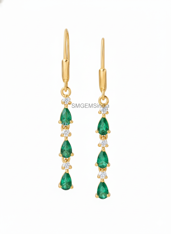 1.30 carat Pear Zambian Emerald Diamond Dangle Earrings 14k Gold Gift