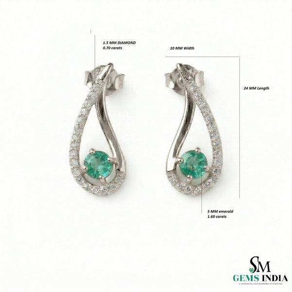 Natural Emerald Tear Drop Stud Earrings with Diamond Accents