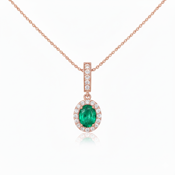 2 carat Oval cut 14K Gold Natural Emerald Halo Pendant with Dainty Diamond Accents