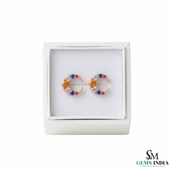 Rainbow Gemstone Crescent Moon Stud Earrings – Multicolor Sapphire & Diamond Accent Celestial Earrings