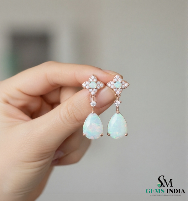Pear Opal Stud with Round Opal Diamond Drop Earrings – October Birthstone